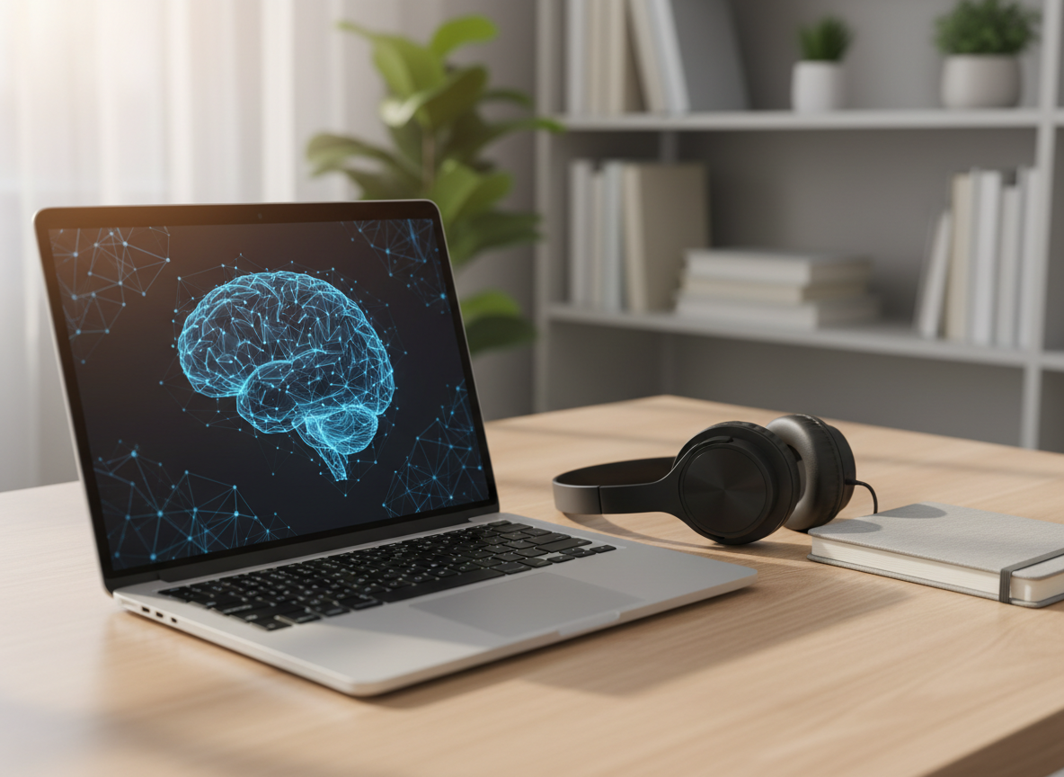 A sleek, uncluttered study desk featuring an open silver laptop displaying a calm, abstract brain-shaped network of glowing blue connections, symbolizing an AI mental health chatbot interface. The laptop rests on a pale wooden surface beside a closed notebook with a subtle fabric texture and a pair of noise-cancelling headphones. In the background, softly blurred shelves hold neatly arranged textbooks and a small leafy plant. Gentle afternoon daylight filters through an unseen window, creating soft, natural highlights on the laptop edges and casting faint, reassuring shadows. Photographed at eye level with a shallow depth of field, the composition follows the rule of thirds, conveying a professional, modern, and supportive atmosphere in clean photographic realism.