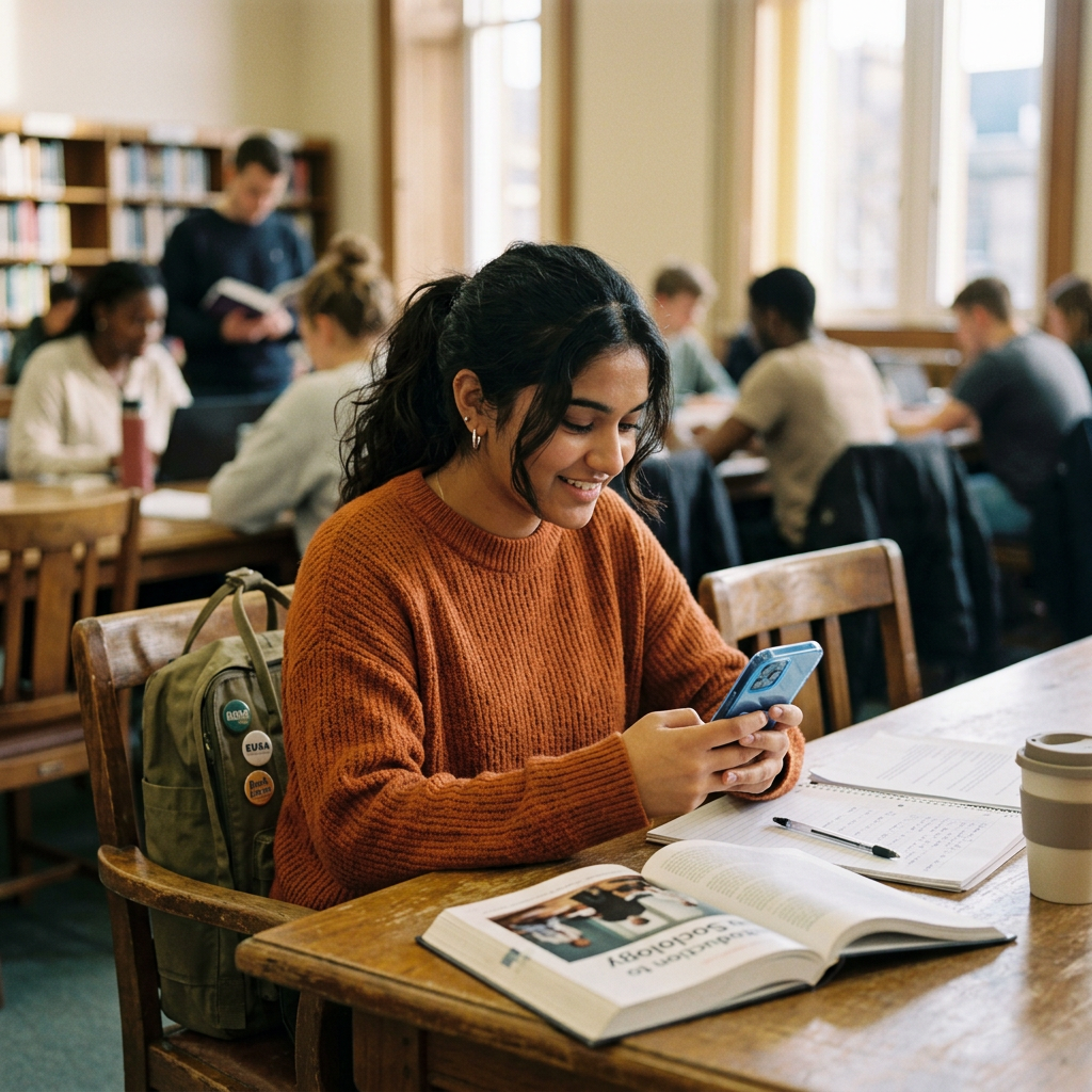 Student in orange sweater using smartphone at library table with open book and coffee cup
