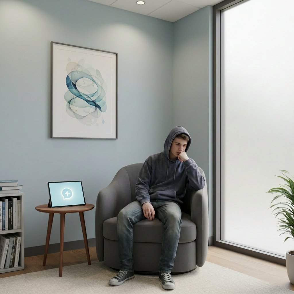 mental health A tidy university counseling room without people, featuring a comfortable gray armchair facing a minimalist white tablet on a round wooden side table, the screen showing a simple chat bubble icon with a small AI spark graphic. The walls are a muted pastel blue with a single abstract framed print suggesting calm waves and neural networks intertwined. Soft warm ceiling lighting combines with diffused daylight from a frosted window, bathing the room in a balanced, serene glow. Shot from a slightly elevated angle with moderate depth of field so all elements are in clear focus, the photographic scene feels welcoming, confidential, and professional, emphasizing a safe space where AI mental health chatbots support students privately and respectfully.