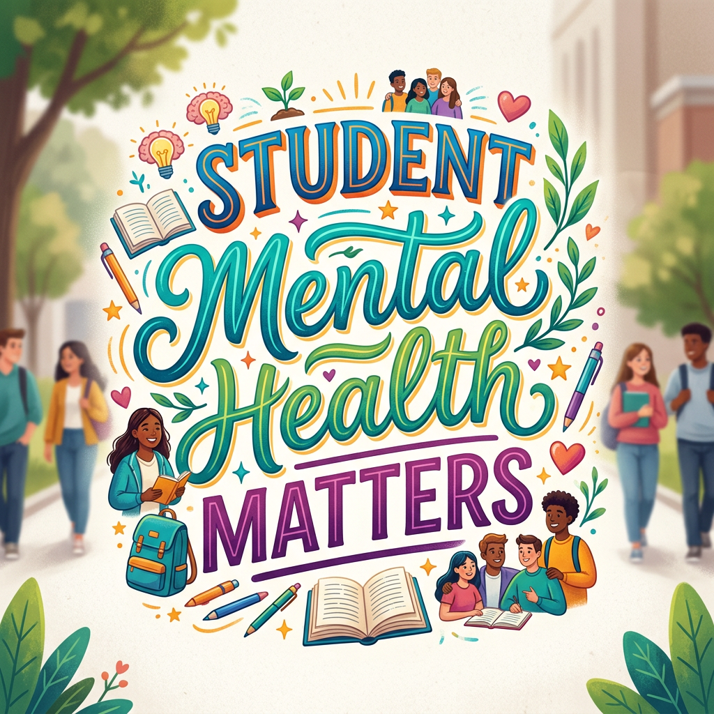 Illustration with 'Student Mental Health Matters' text surrounded by students and school-related icons