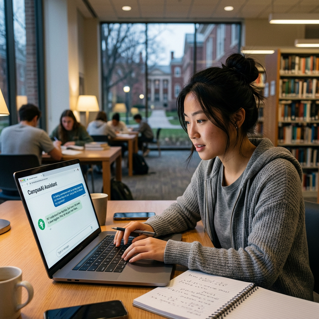 Student using a laptop with CampusAI Assistant chat open in a library