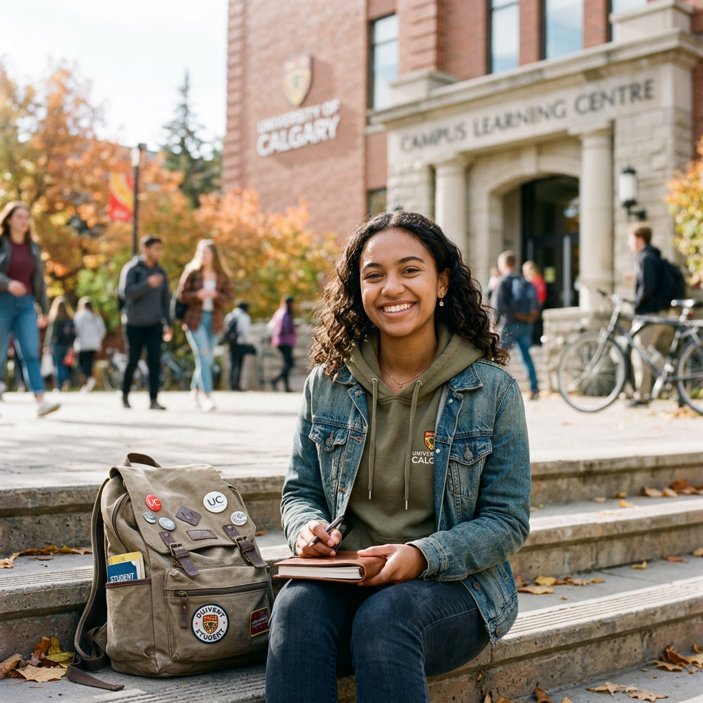 Smiling student sitting on outdoor steps with notebook and backpack at university campus