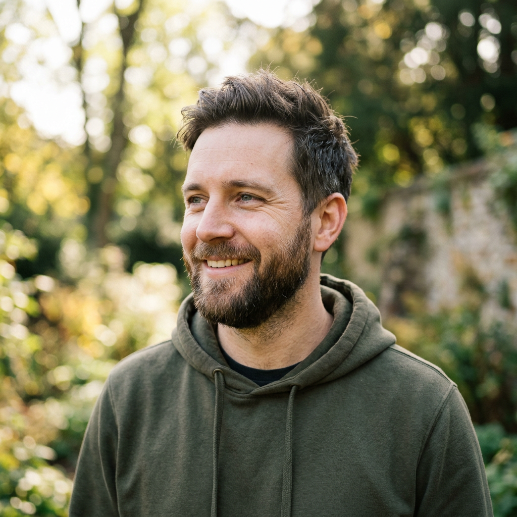 Smiling man with beard wearing green hoodie outdoors